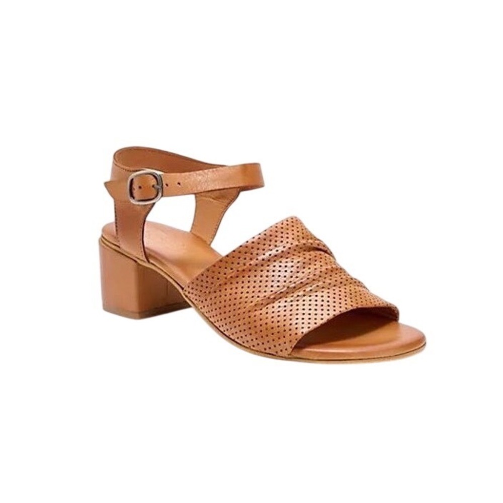 Miz Mooz Raine Tan Leather Perforated Ankle Strap Block Heel Sandals Size 38